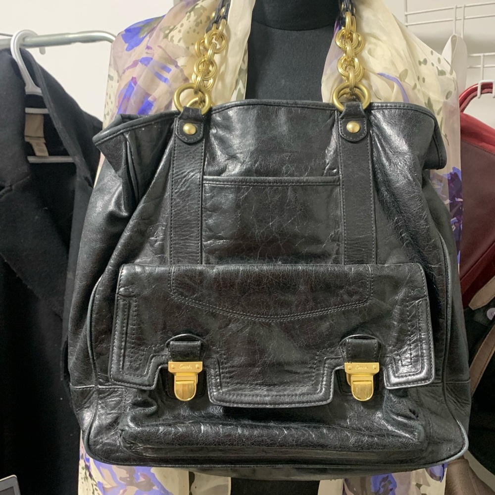 Coach Black Leather Shoulder Bag with Gold Chain